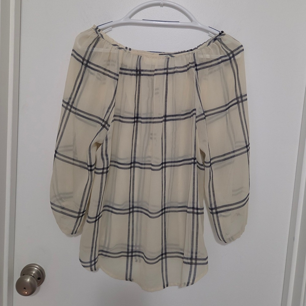 Abercrombie & Fitch Cream Navy Plaid Sheer Blouse Top Large - Picture 3 of 5